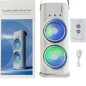 Table Fan (Double Spray), Cold Air Fan 1800mAh, 3 Gears USB Rechargeable Oscillating Cooler fan with LED Light, Touch & Remote Control, Ice Filling Water Tank 280ml for Home Kitchen