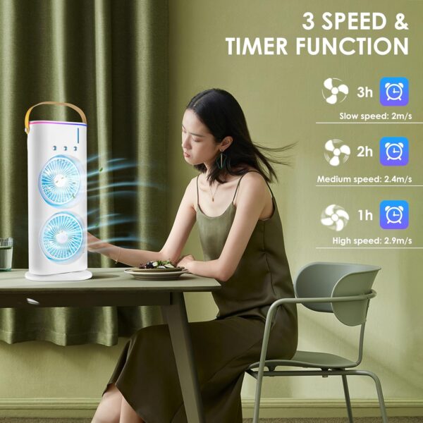 Table Fan (Double Spray), Cold Air Fan 1800mAh, 3 Gears USB Rechargeable Oscillating Cooler fan with LED Light, Touch & Remote Control, Ice Filling Water Tank 280ml for Home Kitchen