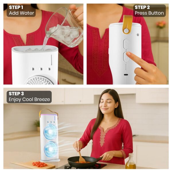 Table Fan (Double Spray), Cold Air Fan 1800mAh, 3 Gears USB Rechargeable Oscillating Cooler fan with LED Light, Touch & Remote Control, Ice Filling Water Tank 280ml for Home Kitchen