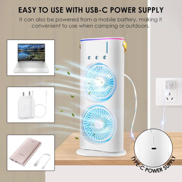 Table Fan (Double Spray), Cold Air Fan 1800mAh, 3 Gears USB Rechargeable Oscillating Cooler fan with LED Light, Touch & Remote Control, Ice Filling Water Tank 280ml for Home Kitchen