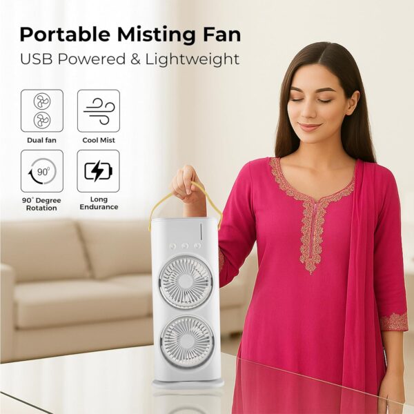 Table Fan (Double Spray), Cold Air Fan 1800mAh, 3 Gears USB Rechargeable Oscillating Cooler fan with LED Light, Touch & Remote Control, Ice Filling Water Tank 280ml for Home Kitchen